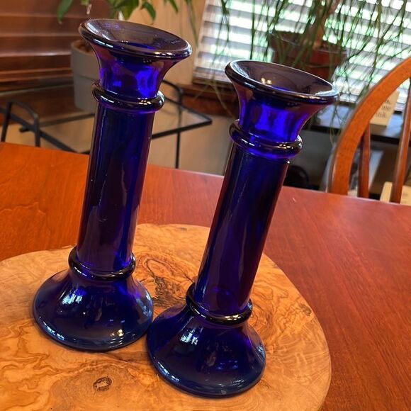 Pair of Cobalt Blue Glass Candlestick Holders - Picture 1 of 5